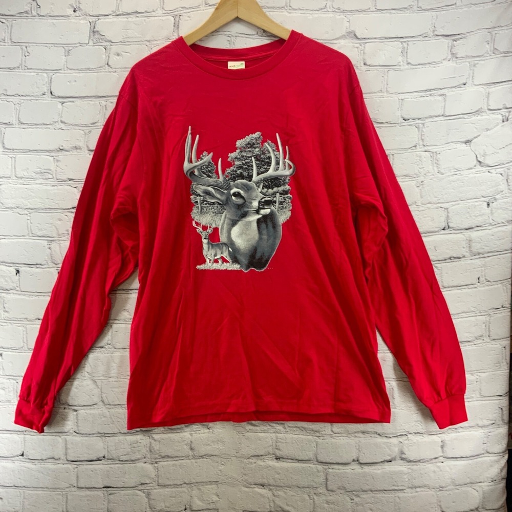 Anvil Organic Long Sleeve T Shirt Elk Deer Decal Red Mens Sz L Organic Cotton